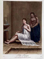 Ragazza turca a cui vengono intrecciati i capelli nel bagno - in «Raccolta di 100 stampe raffiguranti diverse nazioni del Levante nel 1707 e 1708», per ordine di M. de Ferriol, ambasciatore del re presso la Porta, e aggiornata nel 1712-13 a cura di M. Le