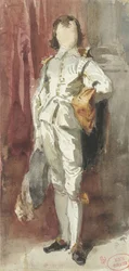 Ragazzo in piedi in costume di Van Dyck, contro una tenda rossa