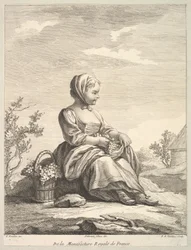 Bambina che tiene uva con un cesto di uva accanto a lei, dal Deuxième Livre de..., dopo il 1757
