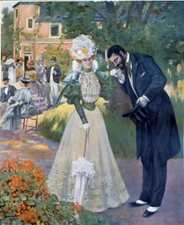 Belle Époque: «Bacio della mano»: un uomo saluta una donna a un ricevimento. Illustrazione di Jeanniot per «Le Figaro illustré». Inizio del XX secolo, Parigi, arti decorative