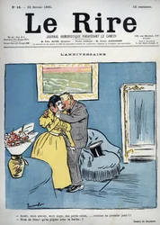 Compleanno - Anais, mio amore, mio angelo, mia piccola regina, come il primo giorno!!! - Gesù Cristo! Ti stai pungendo con la barba! - disegno di Pierre Georges Jeanniot (1848-1934) per "Le Rire" del 23 febbraio