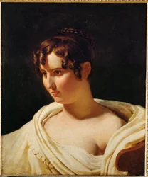 Giovane donna in busto, con sciarpa bianca ...
