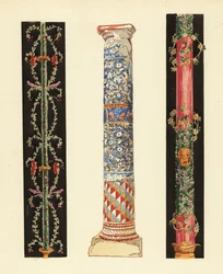 Candelabri decorativi nello stile pompeiano quarto (1,3) e colonna di mosaico smaltato (2), Pompei