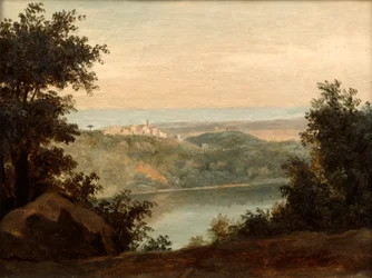 Lago di Nemi, sullo sfondo la città di Genzano, fine XVIII-inizio XIX secolo