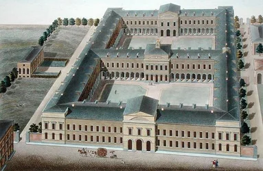 Ospizio a Bruxelles, da Choix des Monuments, Edifices et Maisons les plus remarquables du Royaume des Pays-Bas di Pierre Jacques Goetghebuer, inciso da H.L.F. Partoes, pubblicato 1827