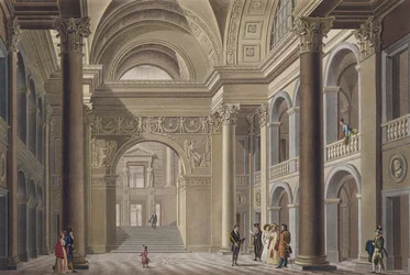 Vestibolo del Palais Academique a Gand, da Choix des Monuments, Edifices et Maisons les plus remarquables du Royaume des Pays-Bas di Pierre Jacques Goetghebuer, inciso da L. Roelandt