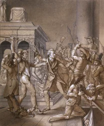 Alexandre Lenoir si oppone ai rivoluzionari quando vogliono distruggere la tomba del re francese Luigi XII alla basilica reale di Saint Denis nel 1793, al tempo della rivoluzione francese