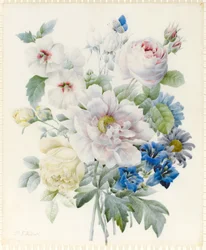 Un mazzo di fiori tra cui una peonia, rose, ibisco, astri, genziana e una farfalla blu immaginaria