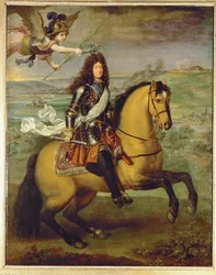 Luigi XIV a cavallo, coronato dalla vittoria... (dipinto su tela)