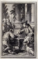 Racconto di un contadino che aveva offeso il suo signore - in "Contes et nouvelles en vers" di Jean La Fontaine. 1776. Illustrazione di P.P. Choffard.