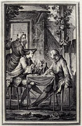 Il riparatore di orecchini o il riparatore di cozze. In "Contes et nouvelles en vers" di Jean de La Fontaine, Amsterdam 1776. illustrato da P.P. Choffard.