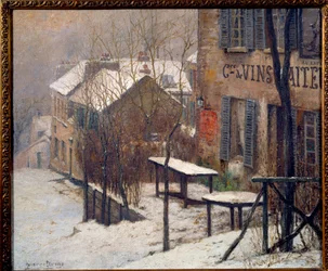 Il cabaret al Coniglio Agile a Montmartre nel 1890. Veduta di Parigi sotto la neve in inverno. Dipinto di Pierre Prins (1838-1913)