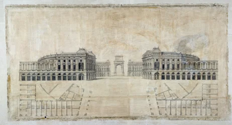 Architettura: Progetto di Place Royale per Marsiglia, prospettiva sul porto e pianta del piano 1686