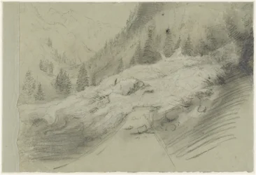 Valanga in un paesaggio alpino, 1870 circa (gessetti bianchi e neri)