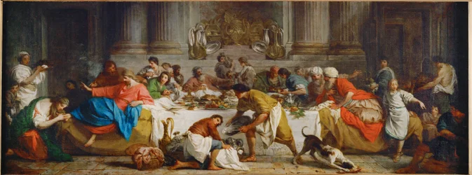 Le repas chez Simon. Il pasto in casa di Simone. Marta versa olio sui piedi di Cristo e li asciuga con i suoi capelli...