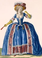 Abito a cerchio in stile inglese in blu elettrico con bordi arricciati bordeaux, inciso da Bacquoy, tavola n.182 da 