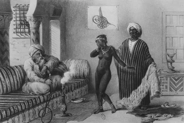 Una giovane ragazza di Timbuktu offerta da un padrone di schiavi a Tripoli nel 1854, da "Voyages au Soudan et dans L