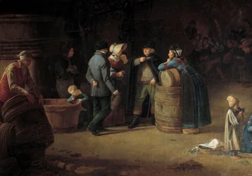 Un proprietario visita la propria cantina in Borgogna. Un viticoltore controlla lo stato della produzione del vino nel proprio vigneto. Dettaglio. XIX secolo. Beaune