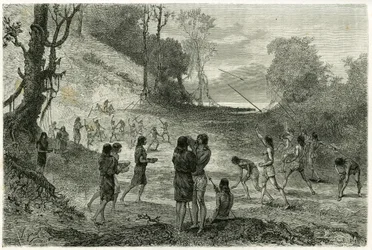 Giochi di giavellotto tra 2 tribù di Zaparros, gli uomini praticano e le donne cavalcano intorno ai giocatori senza paura e li servono bevande. Incisione di Vignal, per illustrare la storia "Amazzonia e Cordigliere"