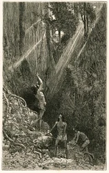 Indiani Suno, dalle rive del fiume Napo (Amazzonia), caccia con cerbottana. Incisione di Vignal, per illustrare la storia "Amazzonia e Cordigliere"