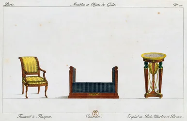 Poltrona con braccioli, divanetto e tavolo a treppiede, tavola 211, illustrazione da Collection de meubles et objets de goût