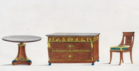 Tavolo in mogano, cassettone e sedia, tavola 241, illustrazione da Collection de meubles et objects de gout