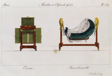 Paravento e culla a dondolo, tavola 589, illustrazione da Collection de meubles et objets de goût