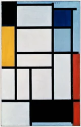 Composizione con rosso, nero, giallo, blu e grigio