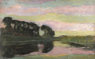Paesaggio fluviale con cielo rosa e giallo-verde