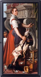 La cuoca Giovane donna che ricama pollame su uno spiedo del camino - Dipinto di Pieter Aertsen (1508-1575) 1559 Dim 165x85 cm Genova, Musei di Strada Nuova (ex Palazzo Bianco)