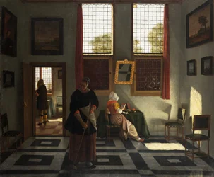 Interno con Pittore, Donna che Legge e Cameriera che Spazza, c.1665-70