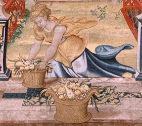 Serie Vertumno e Pomona. Vertumno trasformato in un contadino. Parte centrale del bordo inferiore vediamo un episodio sugli amori di Giove: Danae. Secondo arazzo della serie. Modello Circolo di Pieter Coecke van Aelst. Manifattura Wilhelm Pannemaker, Bruxe
