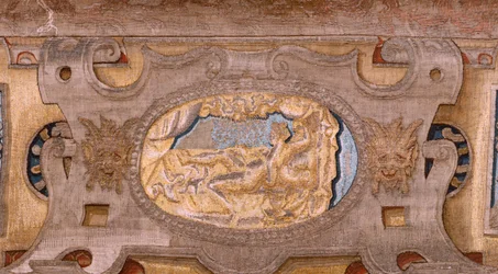 Serie Vertumno e Pomona. Vertumno trasformato in contadino. Parte centrale del bordo inferiore vediamo un episodio sugli amori di Giove: Danae. Secondo arazzo della serie. Modello del Circolo di Pieter Coecke van Aelst. Manifattura Wilhelm Pannemaker, Brux