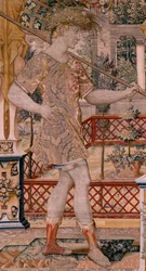 Serie Vertumno e Pomona. Vertumno trasformato in contadino. Secondo arazzo della serie. Parte sinistra la trasformazione di Dafne. Modello del Circolo di Pieter Coecke van Aelst. Manifattura Wilhelm Pannemaker, Bruxelles. Ca 1545-1550.