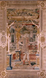 Serie Vertumno e Pomona. Vertumno trasformato in contadino. Secondo arazzo della serie. Parte sinistra la trasformazione di Dafne. Modello del Circolo di Pieter Coecke van Aelst. Manifattura Wilhelm Pannemaker, Bruxelles. Ca 1545-1550.