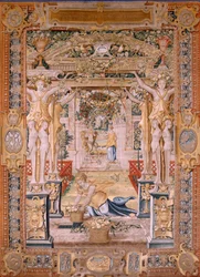 Arazzo fiammingo. Serie Vertumno e Pomona. Vertumno trasformato in un contadino. Parte centrale del bordo inferiore vediamo un episodio sugli amori di Giove: Danae. Secondo arazzo della serie. Modello Cerchia di Pieter Coecke van Aelst. Manifattura Wil