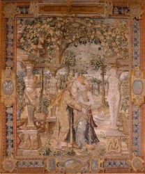 Arazzo fiammingo. Serie Vertumno e Pomona. Vertumno bacia Pomona. Settimo arazzo della serie. Modello Circolo di Pieter Coecke van Aelst. Manifattura Wilhelm Pannemaker, Bruxelles. Ca 1545-1550.