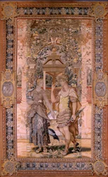 Arazzo fiammingo. Serie Vertumno e Pomona. Vertumno trasformato in guerriero. Quarto arazzo della serie. Modello Circolo di Pieter Coecke van Aelst. Manifattura Wilhelm Pannemaker, Bruxelles. Ca1545-1550. Tessuto Oro, argento, seta e lana.