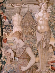 Serie Vertumno e Pomona. Vertumno trasformato in una vecchia. Sesto arazzo della serie. Modello Circolo di Pieter Coecke van Aelst. Manifattura Wilhelm Pannemaker, Bruxelles. Ca 1545-1550