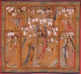 Arazzo fiammingo. Serie Trionfi della Madre o Paños de Oro. Annunciazione. Secondo arazzo della serie. Modello Colin de Cooter (?). Manifattura Pieter van Aelst (o van Edingen), Bruxelles. Ca 1500-1502.