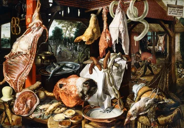 Bancarella di un macellaio con la Sacra Famiglia nella fuga in Egitto, 1551