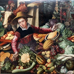 Tedesco: Donna del mercato alla bancarella di verdure Il venditore di verdure