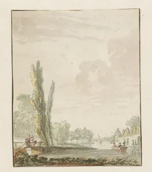 Vista lungo un fiume con un padiglione da tè a destra