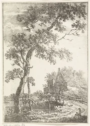 Paesaggio con albero, ponte e casa