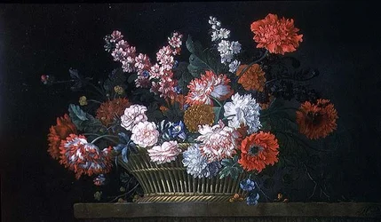 Natura morta di garofani, violacciocche, peonie, convolvoli e altri fiori in un cesto su un davanzale di pietra