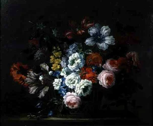 Natura Morta di Rose, Peonie, Tulipani e Gloria Mattutina in un Cestino