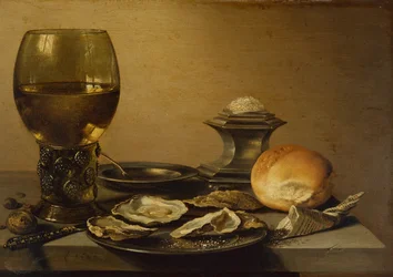 Una natura morta per colazione con ostriche, pane salato e noci