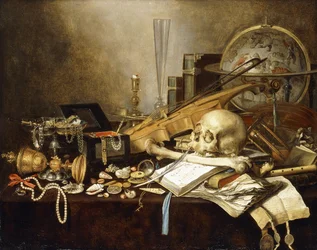 Una natura morta di vanitas con strumenti musicali e manoscritti, un calice dorato rovesciato, un cofanetto di gioielli, un candelabro, un globo astrologico, una collana di perle, gioielli, conchiglie, un teschio e un femore e una clessidra su un tavolo dr