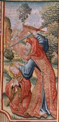 Arazzo fiammingo. Serie Episodi della Vita della Vergine; Presentazione al Tempio. Secondo arazzo della serie. Modelli attribuiti a Jan van Roome (o van Brussel). Manifattura Pieter van Aelst, Bruxelles. Ca 1502-1504.
