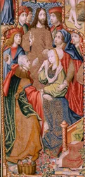 Arazzo fiammingo. Serie Episodi della Vita della Vergine. Le profezie si compiono alla nascita di Cristo. Primo arazzo della serie. Modelli attribuiti a Jan von Roome (o van B